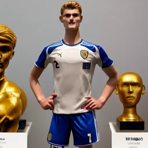 Image similar to a realistic detailed photo of a guy who is an attractive humanoid who is half robot and half humanoid, who is a male android, soccer players martin ødegaard & timo werner, shiny skin, posing like a statue, blank stare, in a museum, on display, showing off his muscles, gold soccer shorts, no jersey, ground view, ceramic statue