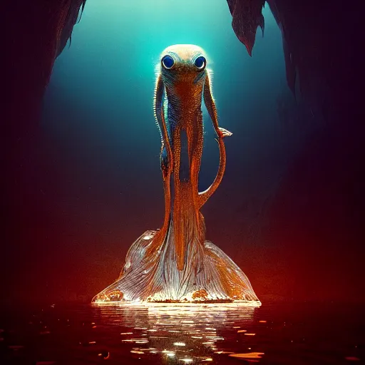 Image similar to creature in a alaska, water reflection, backlit, warm tones, bioluminescent bioluminescent translucent translucent : : by michal karcz, daniel merriam, victo ngai and guillermo del toro : : ornate, dynamic, particulate, intricate, elegant, highly detailed, centered, artstation, smooth, sharp focus, octane render, 3 d