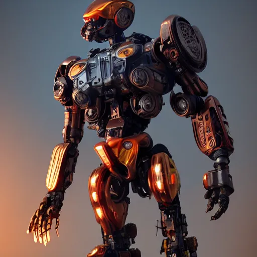 Image similar to cyborg eagle with red lenses and golden helmet, mecha, hard surface, hyper realistic, by eddie mendoza, volumetric lighting, foggy, orange glow, octane render