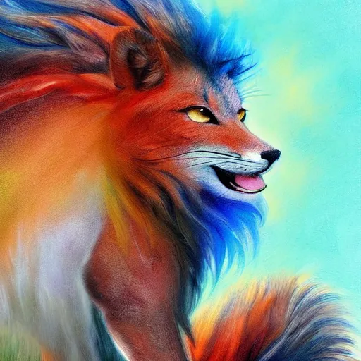 Image similar to cute fluffy fox cat mixed creature with long colorful flowing lion mane with mohawk hairstyle hybrid animal detailed painting 4 k