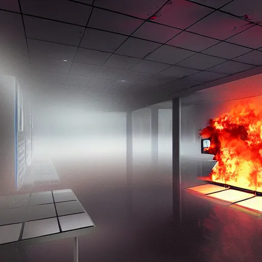 Image similar to a server room on fire, digital art, smoke, explosions, realistic