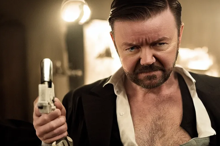 Image similar to an 8 5 mm portrait of ricky gervais as a 1 7 0 0's gangster by gustave baumann and aron demetz, beautiful lighting, dramatic, noise, film