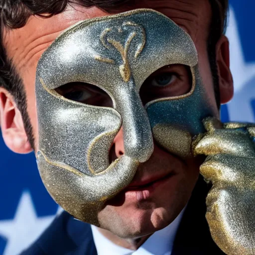 Image similar to Emmanuel Macron in Venice wearing a carnival mask , 150mm photography, high quality, 4K