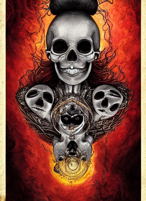 Prompt: queen of heats the fool tarot card, highly detailed, half skull face, cinematic, 8 k, bymegan duncanson, benjamin lacombe, naoto hattori, adrian borda, giger, trending on deviantart, hyper detailed, horror, full of colour