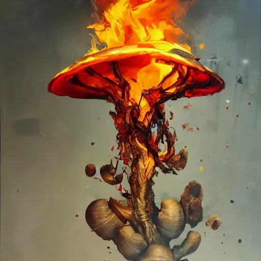 Image similar to a mushroom firefighter, fire and water, light and shadow, glowing, vivid, detailed painting, by Ross Tran, by Jenny saville and justin mortimer and ben aronson, high detail, trending on artsation, masterpiece, award winning