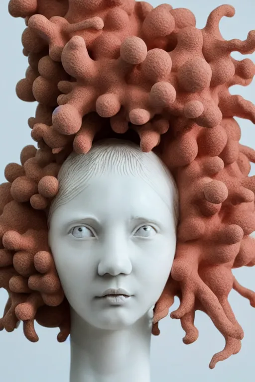 Image similar to full head and shoulders, beautiful female white, porcelain sculpture, with complex colourful plastic coral sea anemones on her head by daniel arsham and james jean, on a white background, delicate facial features, white eyes, white lashes