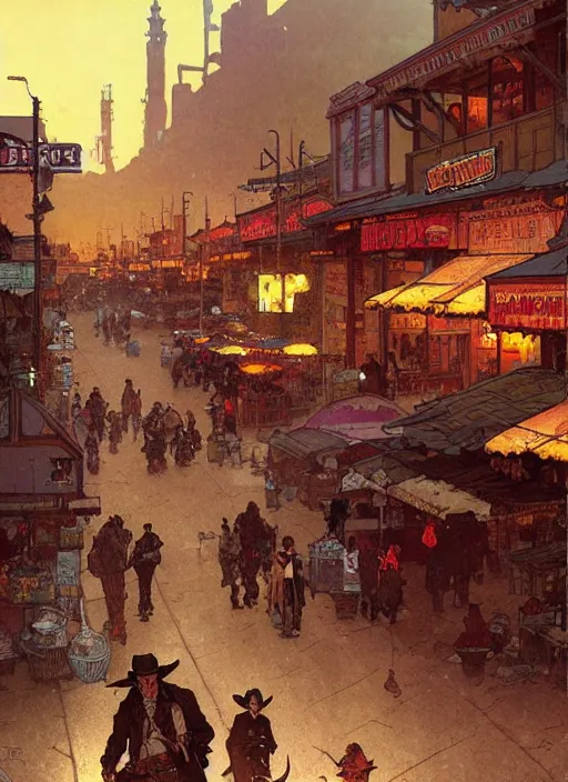Image similar to beautiful scene commission of a bustling desert western town. Atmospheric. Renowned scene illustration by greg rutkowski, thomas kindkade, alphonse mucha, loish, norman rockwell. detailed, inked, western comic book art