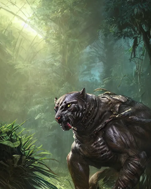 Image similar to Panther warrior in armor sneaking in jungle, portrait, magic the gathering artwork, D&D, fantasy, cinematic lighting, centered, symmetrical, highly detailed, digital painting, artstation, concept art, smooth, sharp focus, illustration, volumetric lighting, epic Composition, 8k, art by Akihiko Yoshida and Greg Rutkowski and Craig Mullins, oil painting, cgsociety