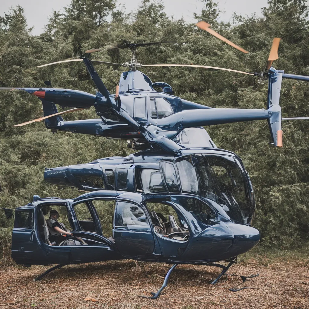 Prompt: A helicopter made of a 1996 Subaru Outback, 25mm f/4