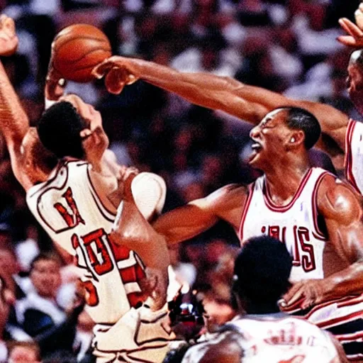 Image similar to frodo baggins blocking michael jordan, nba