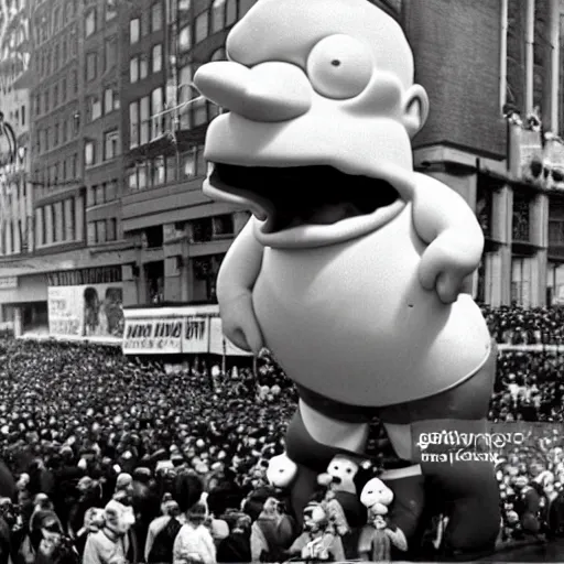 Prompt: Homer Simpson Balloon in the Macy's Thanksgiving Day Parade 1953