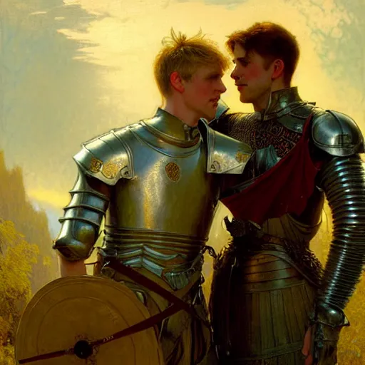 Image similar to attractive arthur pendragon and his attractive male knight, they are in love, natural lighting, path traced, highly detailed, high quality, digital painting, by gaston bussiere, craig mullins, alphonse mucha j. c. leyendecker