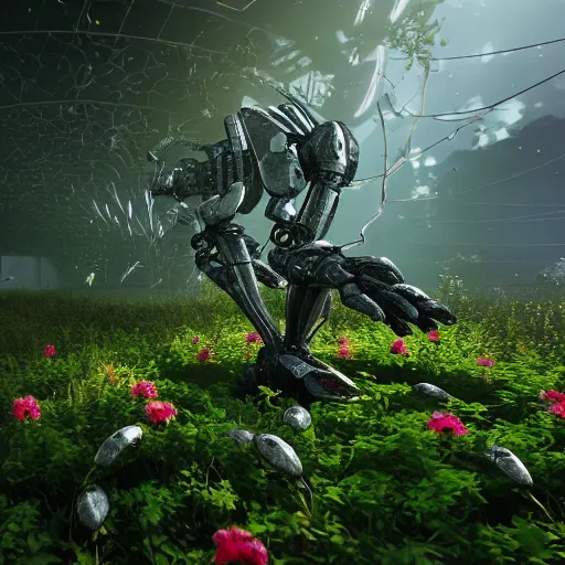 Prompt: a cybertronic cyborg arm sticking out of the earth, covered in flowers and vines. rays of light shinning down, dust specks, unreal engine