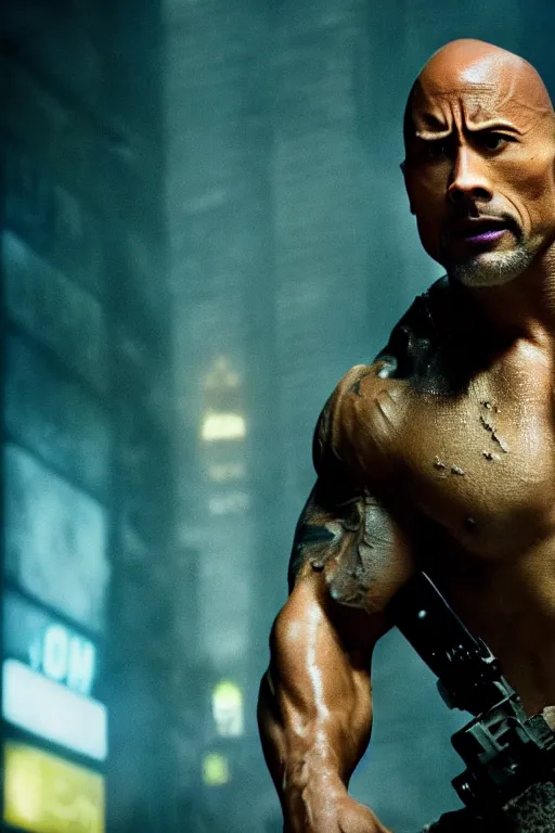 Image similar to An epic cinematic film still of Dwayne Johnson in the movie Blade Runner: 2049.