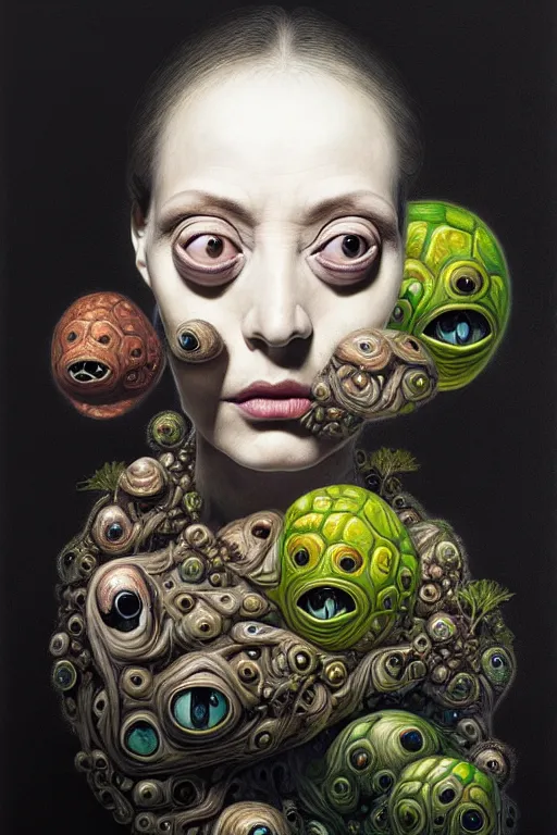 Image similar to a strange surrealist, biomorphic, portrait of a woman with large eyes wearing a black turtleneck, by dali, marco mazzoni, james jean and rachel ruysch, emotionally evoking, looming, head in focus, arcimboldo, volumetric lighting, masterpiece
