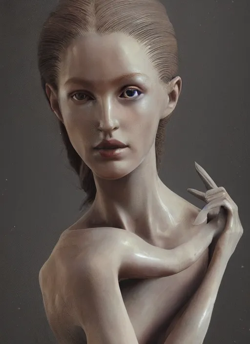 Prompt: sculpture made of wood, portrait, female, future, harper's bazaar, vogue, magazine, intricate, concept art, close up, ornate, luxury, elite, elegant, trending on artstation, by ruan jia, by Kenneth Willardt, by ross tran, by WLOP, by Andrei Riabovitchev,