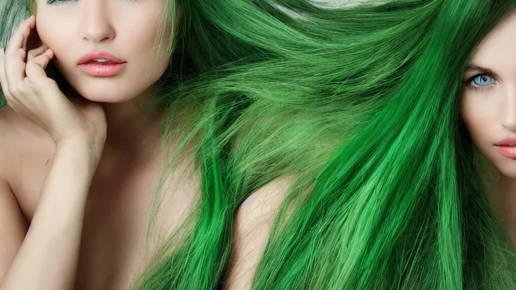 Image similar to beautiful woman playing with her very long green hair