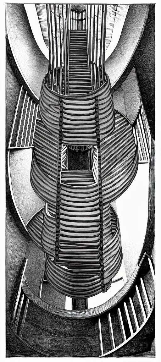 Prompt: a spiral staircase inside a tall circular tower. engraving by gustave dore, kentaro miura. extremely high details, masterpiece, artstation contest winner, black and white, smooth lines, realism, realistic, view from below