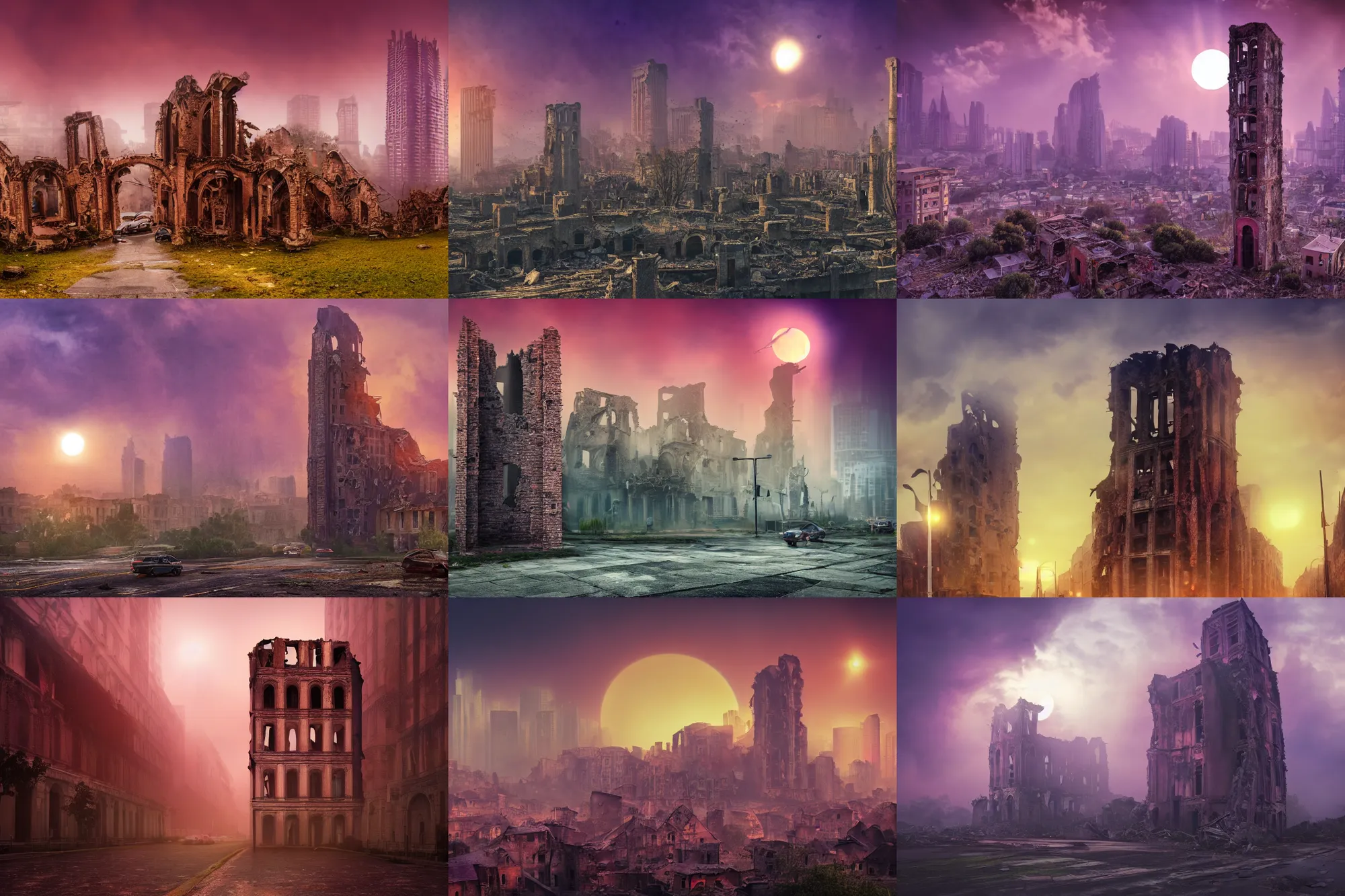 Image similar to Stunning photorealistic background of a city in ruin in a strange purple dimension with a large red sun looming in the distance on a rainy and foggy day, A large tower stands in the center of the crumbling buildings, parallax background