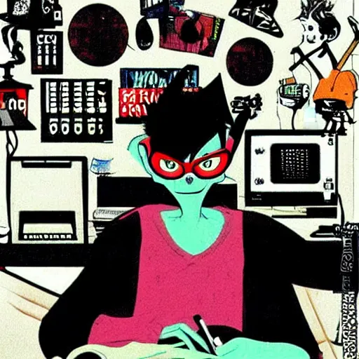 Image similar to goth nerd sitting at a computer in a cluttered room, by jamie hewlett, jamie hewlett art, gorillaz art aesthetic,