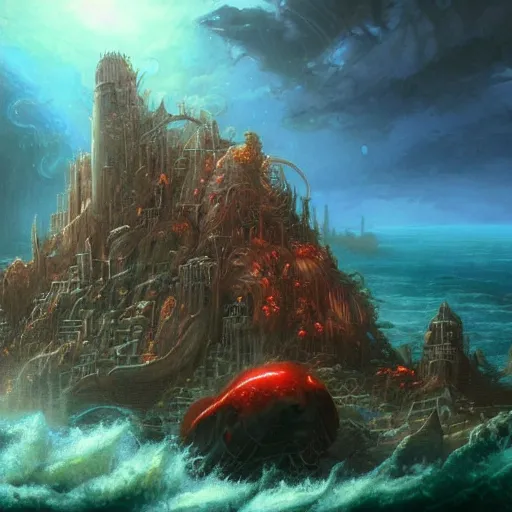 Prompt: A beautiful hyper realistic detailed matte painting of a octopus- and war-ravaged underwater city and a humongous red-glow-eyed whale battling between violent waves, by andreas rocha and john howe, and Martin Johnson Heade, featured on artstation, featured on behance, Atlantis, deep sea fish, wonderful, underwater landscape, golden ratio, ultrawide angle, f32, well composed, cohesive