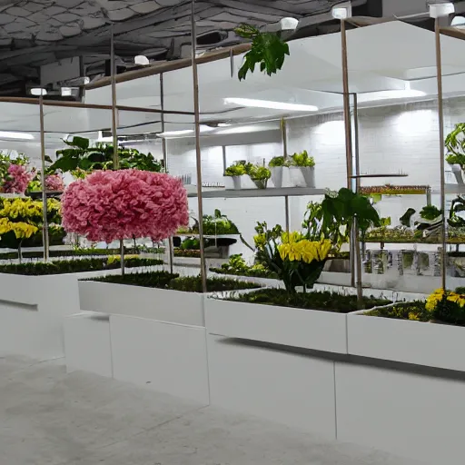 Prompt: flower shop design by white science labotory, steel and glass material