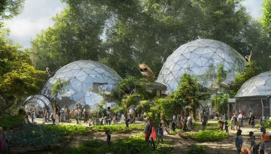 Prompt: ecological zoo in london with white glass domes, gardens and crowded place, hyperdetailed, artstation, cgsociety, 8 k