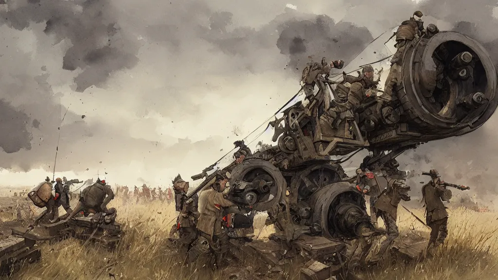 Prompt: artillerist group loading artillery shells into a cannon, rule of thirds, watercolored, jakub rozalski, dark colours, dieselpunk, artstation