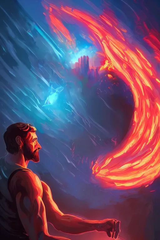 Image similar to the god prometheus handing a man a computer on fire, the fire is made of binary code, digital painting bioluminance alena aenami artworks in 4 k design by lois van baarle by sung choi by john kirby artgerm style pascal blanche and magali villeneuve