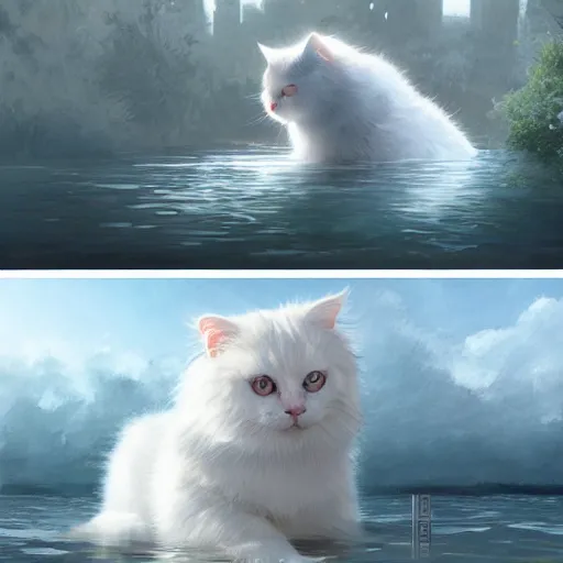 Image similar to white fluffy cat rising from the water. view from behind, wide angle view, back view. nuri iyem, james gurney, james jean, greg rutkowski. trending on artstation, starlight, and enchanted dreams