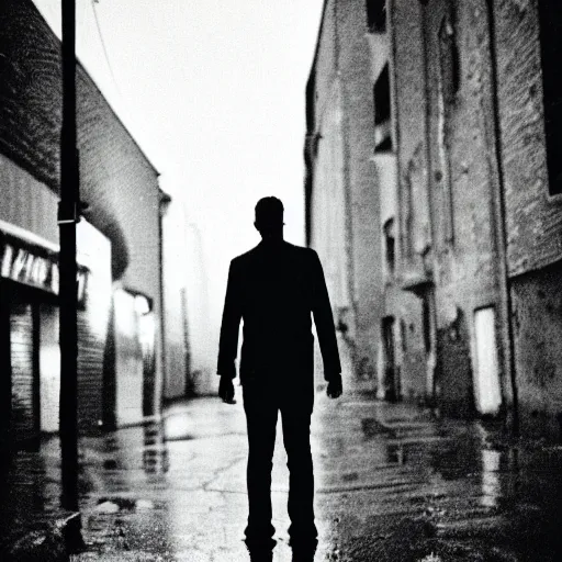 Prompt: 35mm, dark pale man standing in front of alley, streetlight, rain, eldritch, high definition