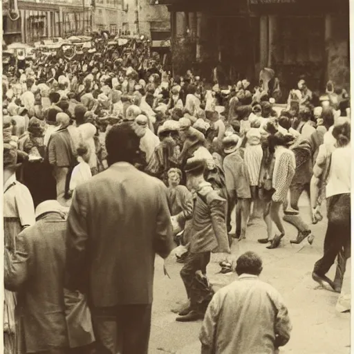 Prompt: a man with a face of a lizard blending into a crowd, vintage photo, realistic, grainy