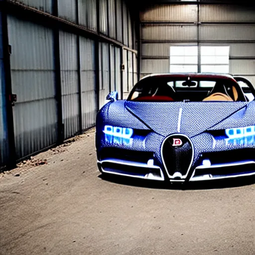 Image similar to an abandoned, derelict, rusty bugatti chiron in a dirty warehouse