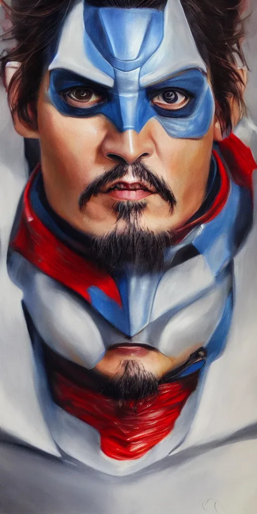 Image similar to realistic Portrait painting of a Johnny Depp as Ultraman Taro, made by Gustave Courbet, physical painting, Sharp focus,digital art, bright colors,fine art, trending on Artstation, unreal engine.