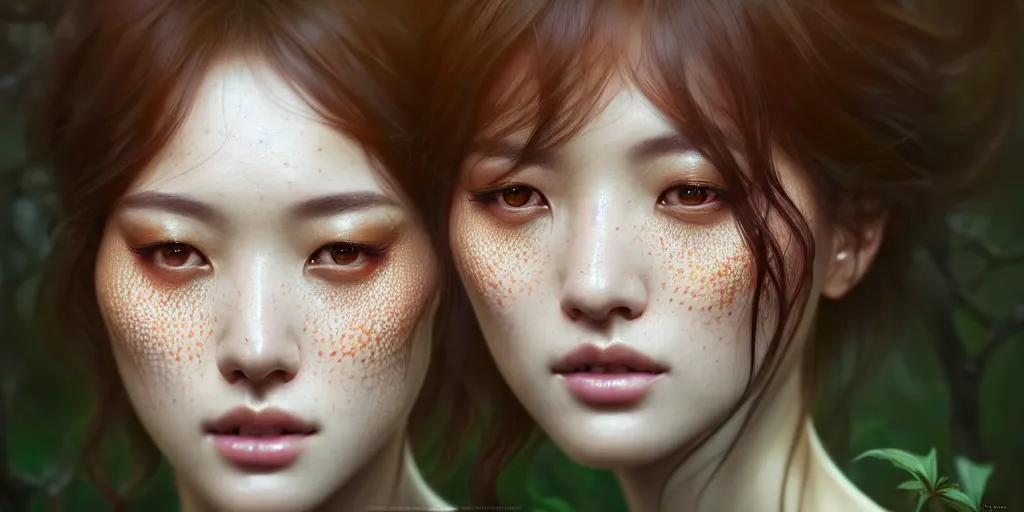 Image similar to beautiful digital painting of a hoyeon jung stylish female forest with high detail, real life skin, freckles, 8 k, stunning detail, works by artgerm, greg rutkowski and alphonse mucha, unreal engine 5, 4 k uhd