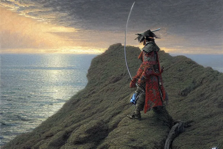 Prompt: a fierce samurai looking into the horizon on a cliff, golden hour, dramatic lighting, fluid, smooth, bright, colours, high contrast, sharpness, very detailed, intricate, by donato giancola, gustave dore and junji ito