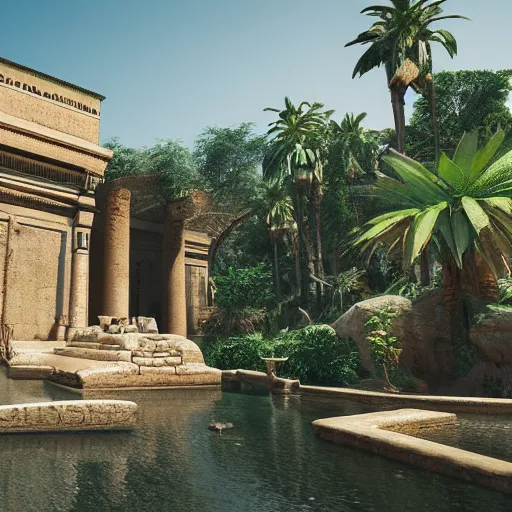 Image similar to ancient egyptian palace with plants and waterfalls, 3 d render, octane