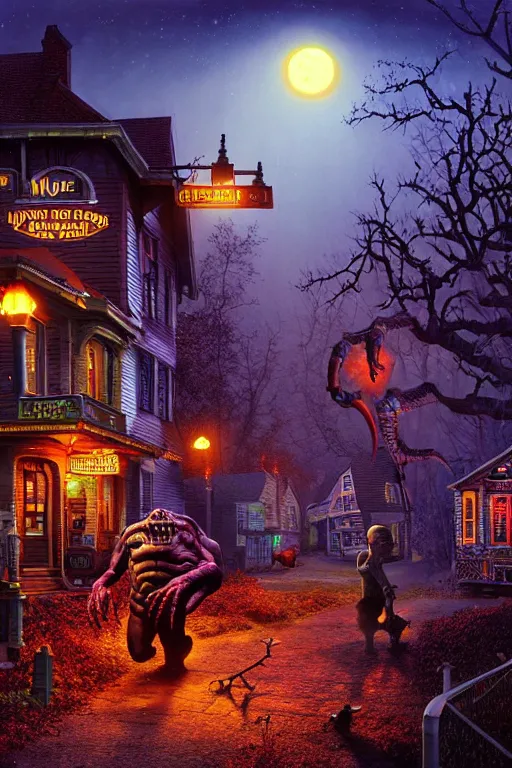 Image similar to a hyperrealistic vray rendering of a quiet autumn town being invaded by monsters in the night, cinematic horror by chris cunningham, lisa frank, richard corben, highly detailed, vivid color,