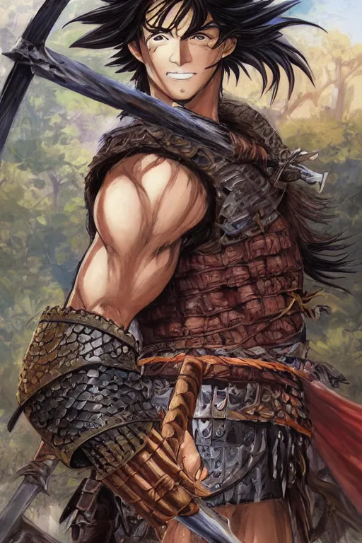 Image similar to A realistic anime portrait of a young handsome male barbarian with long wild hair, intricate fantasy spear, plated armor, vivid colors, colored, D&D, dungeons and dragons, tabletop role playing game, rpg, jrpg, digital painting, by Frank Frazetta and Yusuke Murata, concept art, highly detailed, promotional art, HD, digtial painting, trending on ArtStation, golden ratio, rule of thirds, SFW version