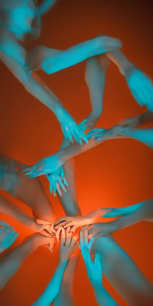 Prompt: gorgeous human bodies intertwined, long exposure photograph, anamorphic bokeh, orange and cyan lighting