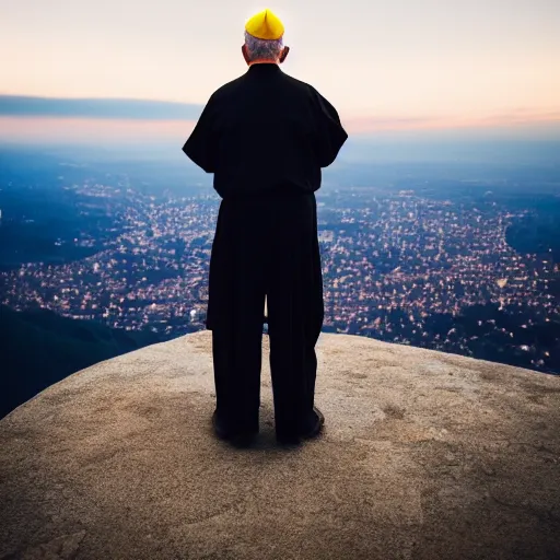 Image similar to An old and friendly looking catholic priest kneeled in prayer at the summit of a tall tower. The night sky is filled with a yellow shadow. 4K photograph, dramatic lighting