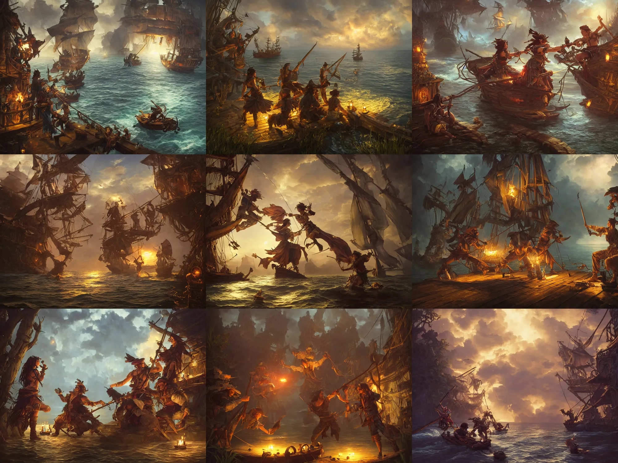 Prompt: a hyperrealistic render of a pirate ship dnd duel, fireflies, water, outdoor, art by Artgerm and Greg Rutkowski and Alphonse Mucha, hearthstone art style, epic fantasty card game art, Beautiful dynamic dramatic moody lighting, shadows, cinematic, Octane, 8K