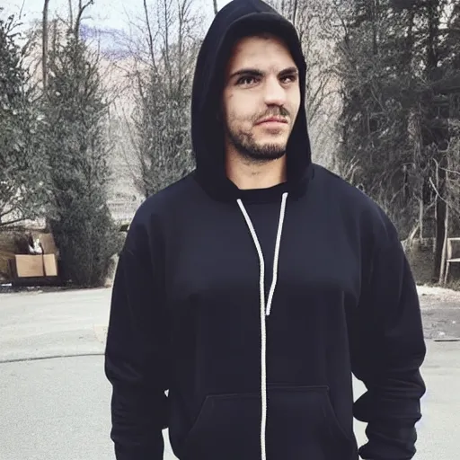 Image similar to a full body shot of an attractive man in a hoodie