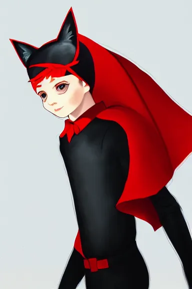 Image similar to little boy with cat ears in an black outfit with red cape. digital artwork made by lois van baarle and james jean and marc simonetti, sharpness focus, inspired by hirohiko araki, anatomically correct, heroic composition, hero pose, smooth