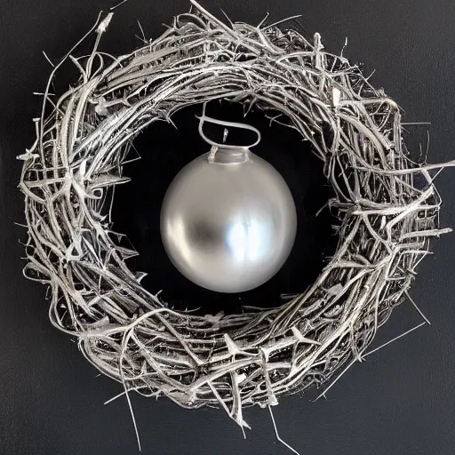 Prompt: a silver sphere backlit in an oil like texture with a wreath made of twigs and animal bones framing it