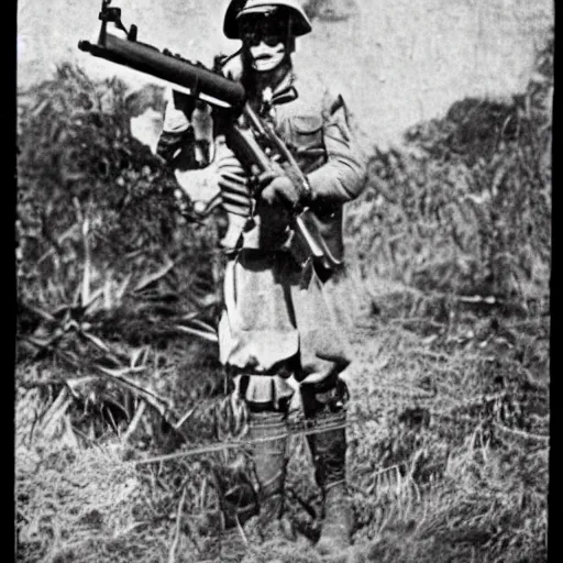 Prompt: old wartime photograph of crash bandicoot holding a lewis gun, 1 9 1 7
