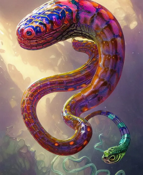 Image similar to intricate colorful transparent portrait of a terrifying beautiful alien snake creature, mottled coloring, adorable, childlike, underwater environment, ultra realistic, concept art, art nouveau, photorealistic, octane render, 8 k, unreal engine. art by christopher marley and artgerm and greg rutkowski and alphonse mucha