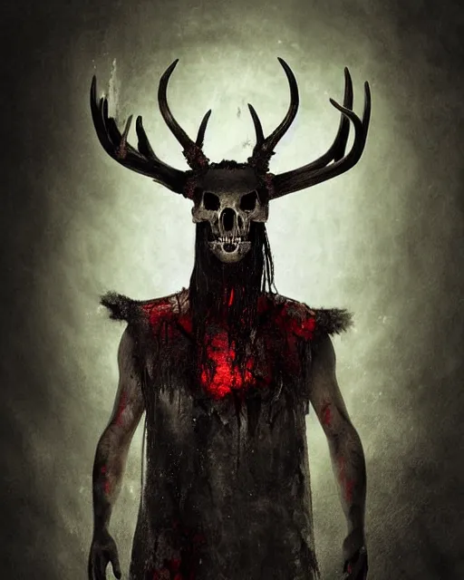 Image similar to deer - skull ghost - spirit of the grim - warpaint wears the scarlet skull armor and native blood headdress antlers, midnight fog - mist!, dark oil painting colors, realism, cinematic lighting, various refining methods, micro macro autofocus, ultra definition, award winning photo, photograph by ghostwave - gammell - giger - shadowlord