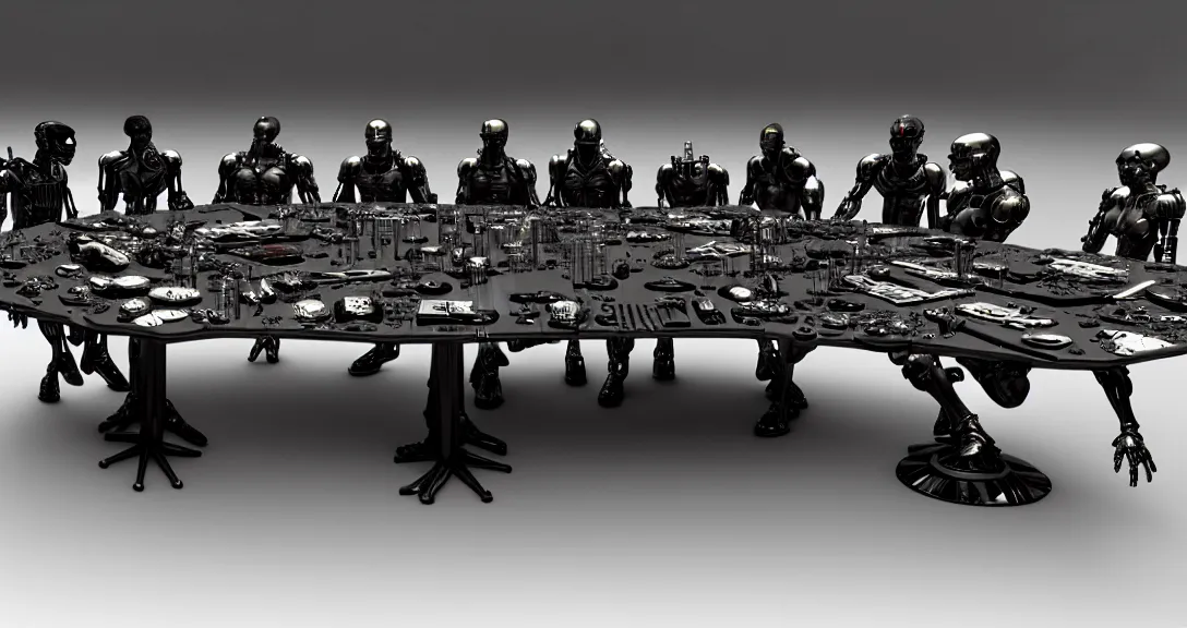 Image similar to war, 13 diverse cyborgs on one_side of a reflective !cybernetic table, posing_as_last_supper, inticrate detailed glowing implants, highly detailed, dramatic lighting, electrical details, high details, beautiful lighting