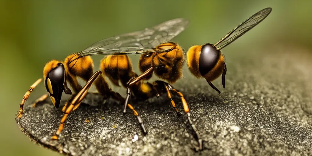 Image similar to Macro shot of a hornet, green, mutant, radioactive, national geographic, award winning, shallow depth of field